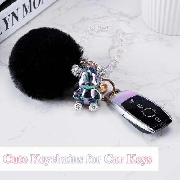 ✨Honyjoom Women Black Cute Bear Pom Pom Sparkling Keychains Accessories Girly - Picture 3 of 7